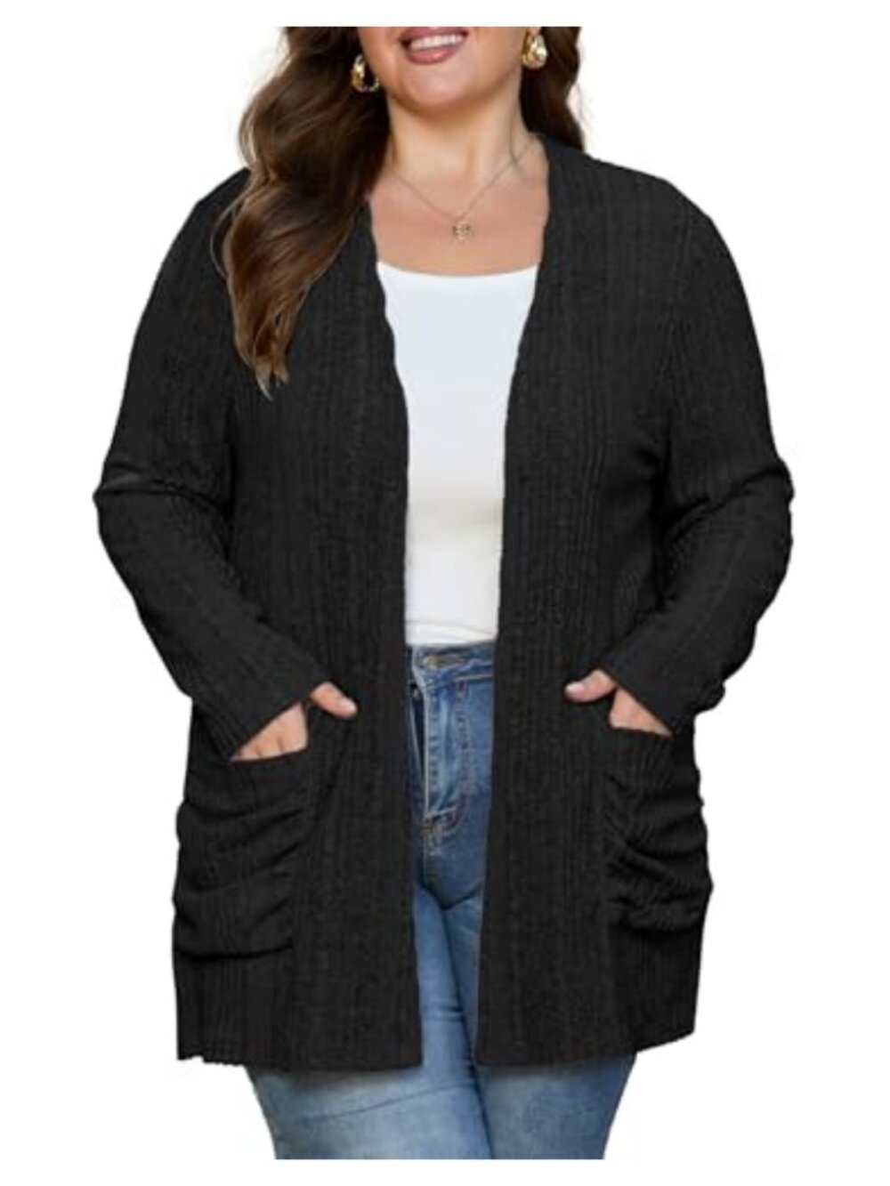 Plus Size Open Front Ribbed Knit Cardigan Sweater with Pockets